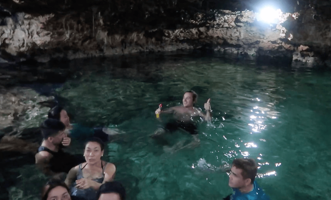 lenny through paradise swimming in the enchanted cave with thumbs up